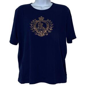 Lauren Ralph Lauren T-Shirt 1X Navy Blue Short Sleeve Rhinestone Crown Logo